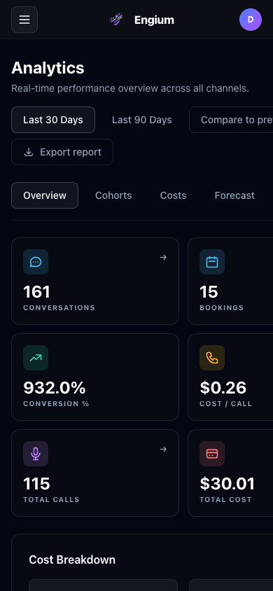 Engium analytics dashboard on mobile — response rates and booking conversion