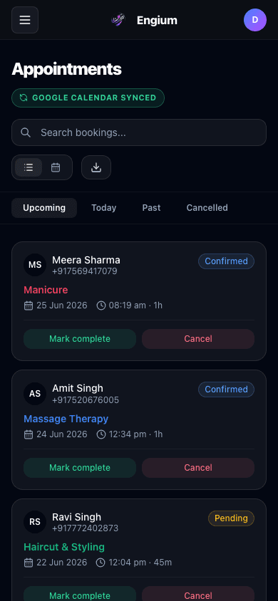 Engium booking calendar on mobile — appointments synced automatically