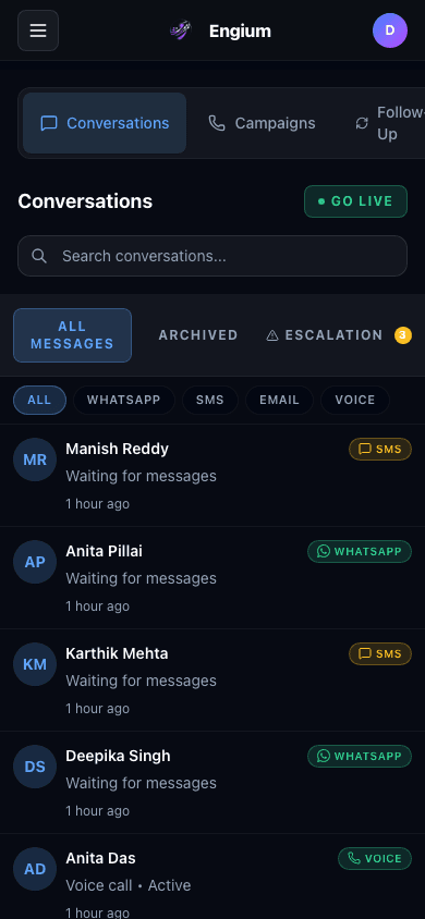 Engium conversations inbox on mobile — all channels in one view