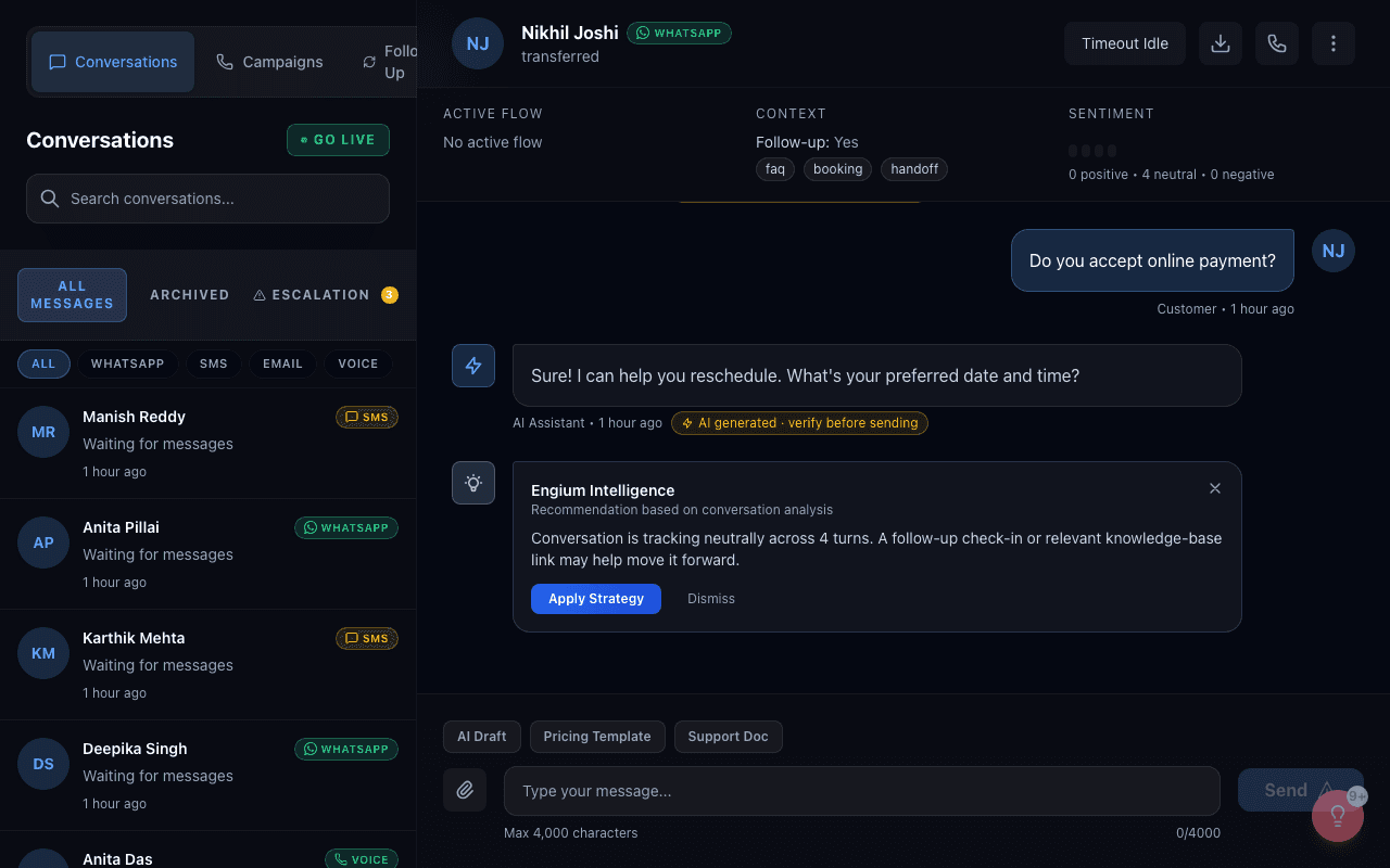 Engium conversations inbox — all channels in one view