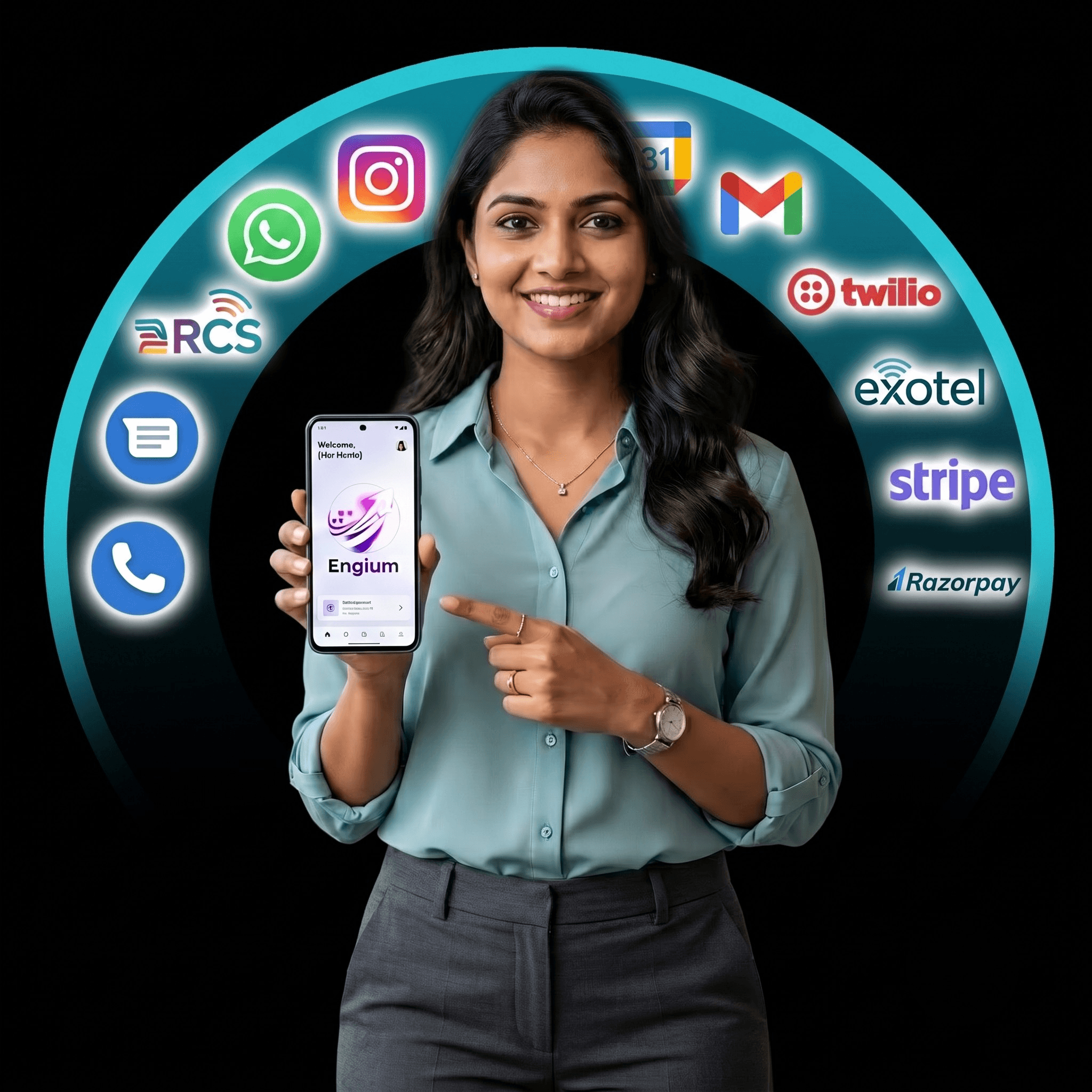 Engium unifies WhatsApp, Instagram, RCS, SMS, calls, Gmail, Google Calendar, Twilio, Exotel, Stripe, and Razorpay into one platform