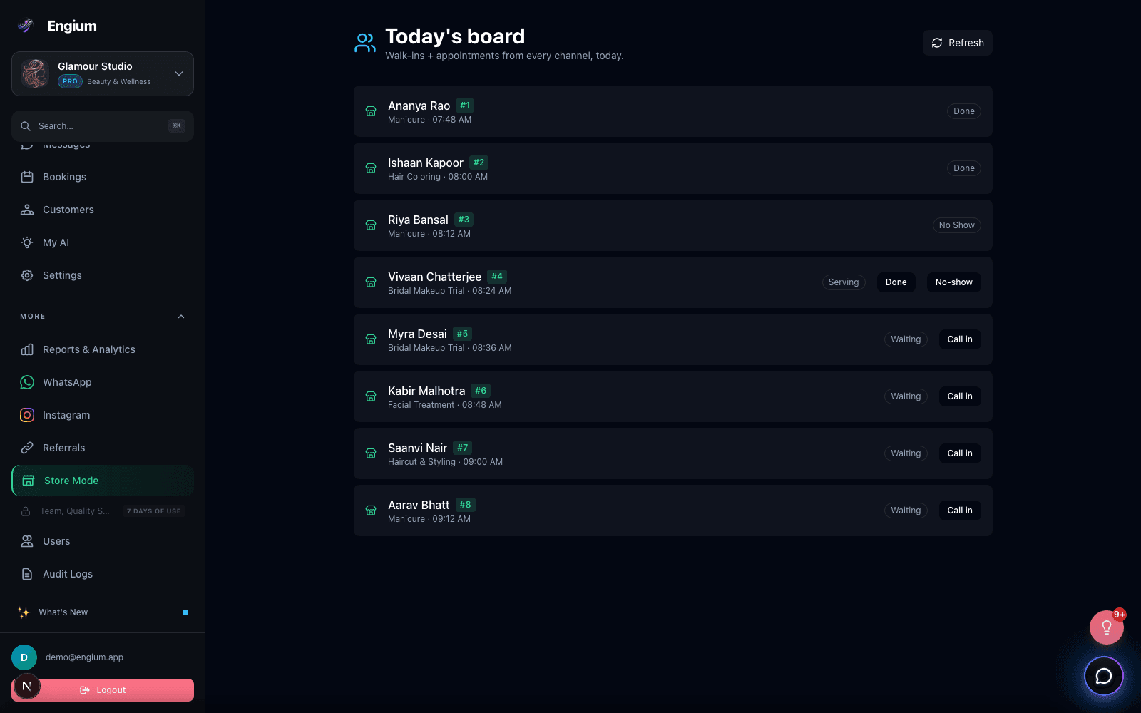 Engium Store Mode - today's board combining walk-ins with bookings from every channel