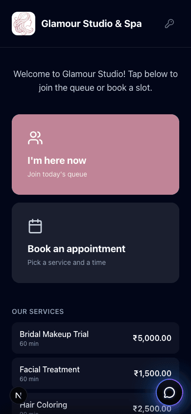Engium Store Mode kiosk on mobile - join today’s queue or book a slot